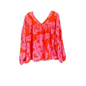 Michelle McDowell Pink Orange Tropical Leaf Babydoll Blouse Small V-Neck Top